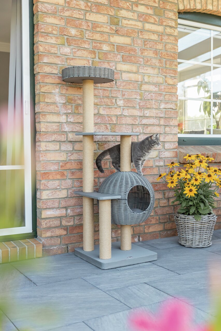 TRIXIE Kratzbaum für Katzen, mit Höhle und Liegeflächen, ideal für Spiel und Ruhe. Farbe Grau, für den Outdoorbereich geeignet.
