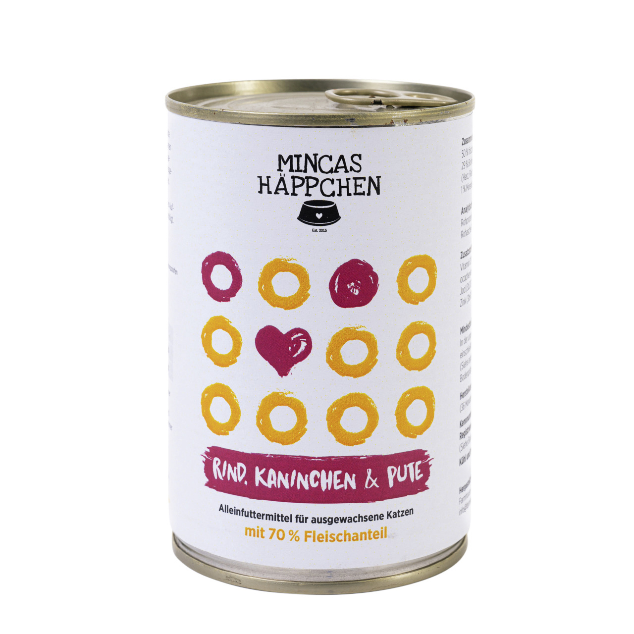 MINCAS HÄPPCHEN Katzenfutter Rind, Kaninchen & Pute, Alleinfutter f. ausgew. Katzen, 70 % Fleisch, Dose, weiß mit bunten Kreisen.