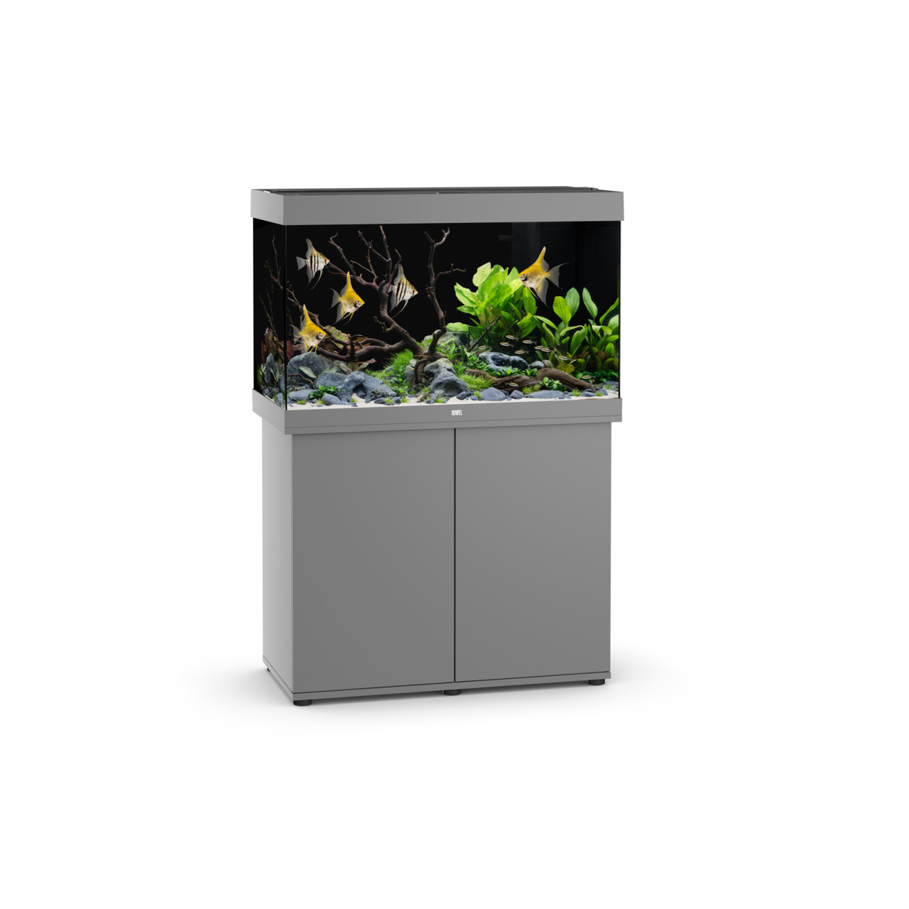 Das Bild zeigt das JUWEL Rio 180 LED Aquarium-Set, ein hochwertiges Aquarium für Aquaristik-Enthusiasten. Es ist für Süßwasserfische geeignet und bietet ein modernes Design mit grauem Unterschrank. Das Aquarium enthält eine LED-Beleuchtung, einen Bioflow-