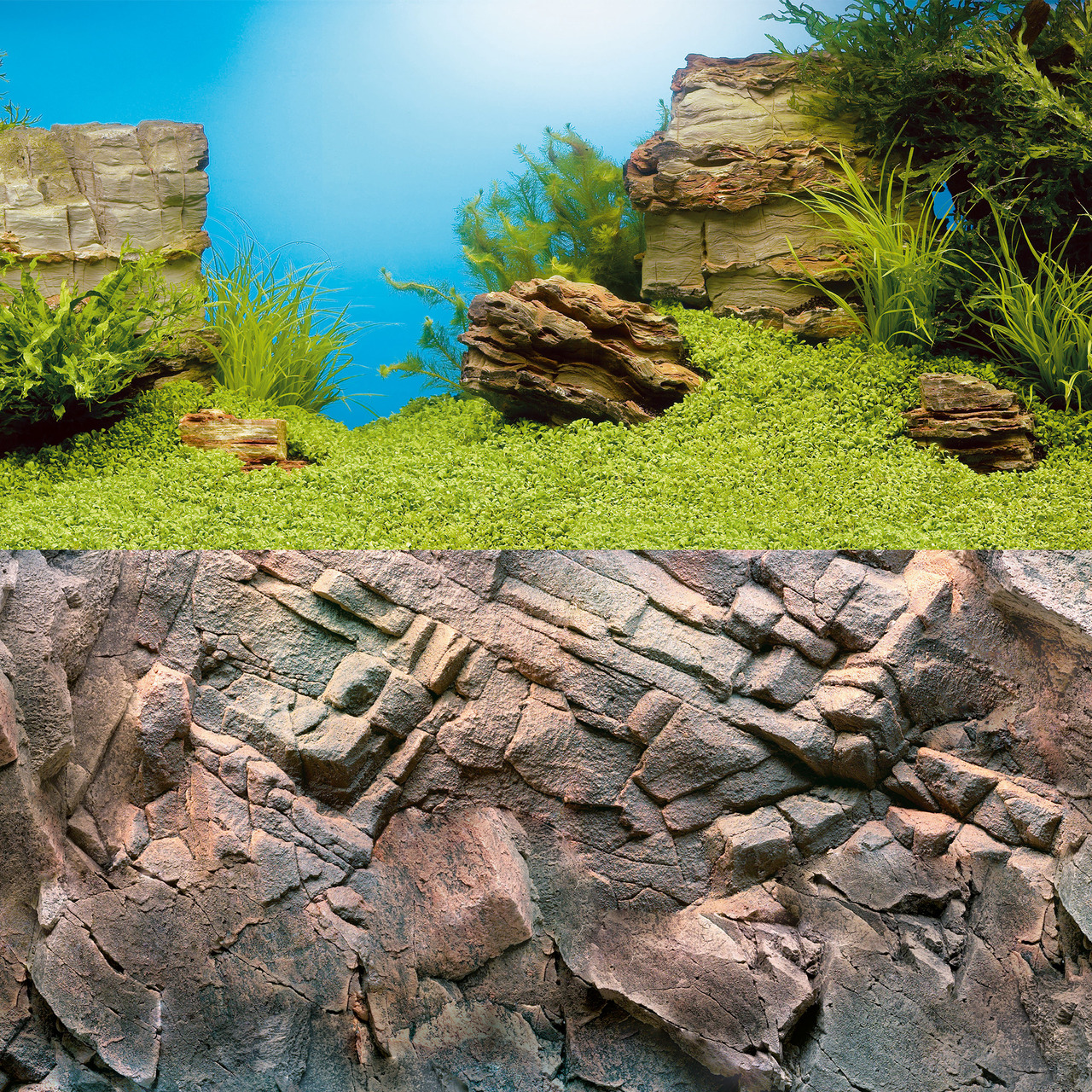 Das Bild zeigt die JUWEL Rückwand "Stone Clay", ein dekoratives Element für Aquarien. Die Rückwand im natürlichen Stein-Design eignet sich für Aquaristik-Enthusiasten und bietet eine realistische Felsoptik. Sie ist ideal für Süßwasseraquarien und verleiht