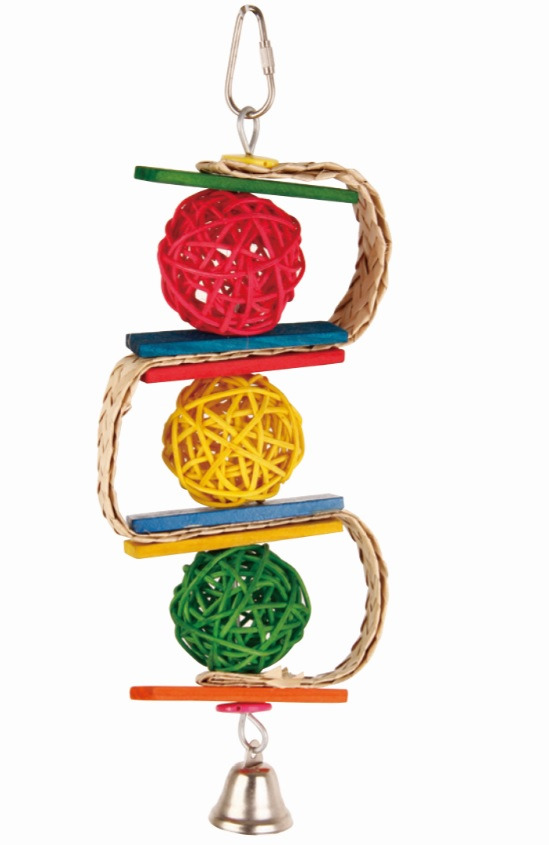 Trixie Hängespielzeug für Ziervögel, mit bunten Rattanbällen, Holzplatten & Glocke. Fördert Aktivität & Beschäftigung.