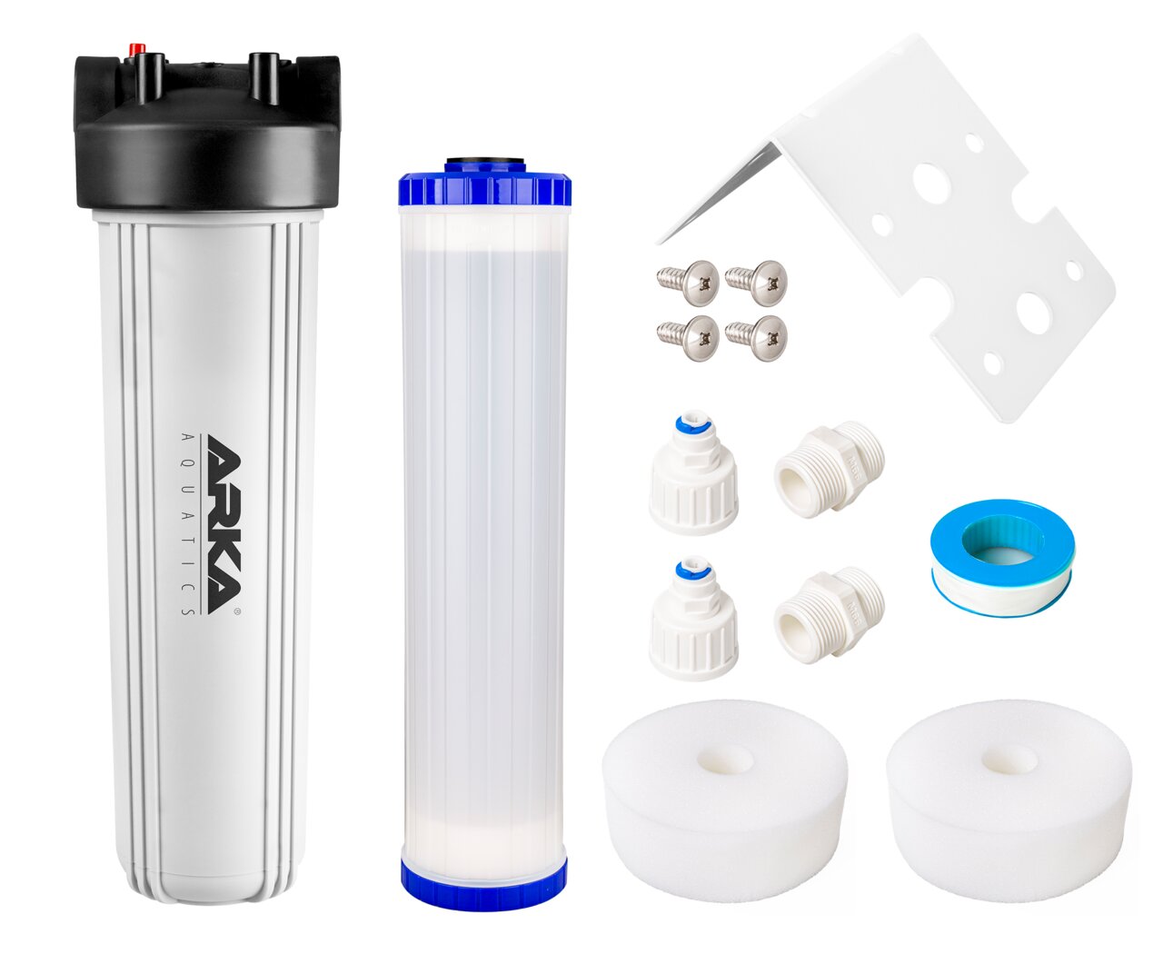 ARKA Aquatics Osmosefilter-Set: Für Aquarien, reines Wasser, inkl. Filtergehäuse, Kartusche, Zubehör, 2 Schaumstofffilter.