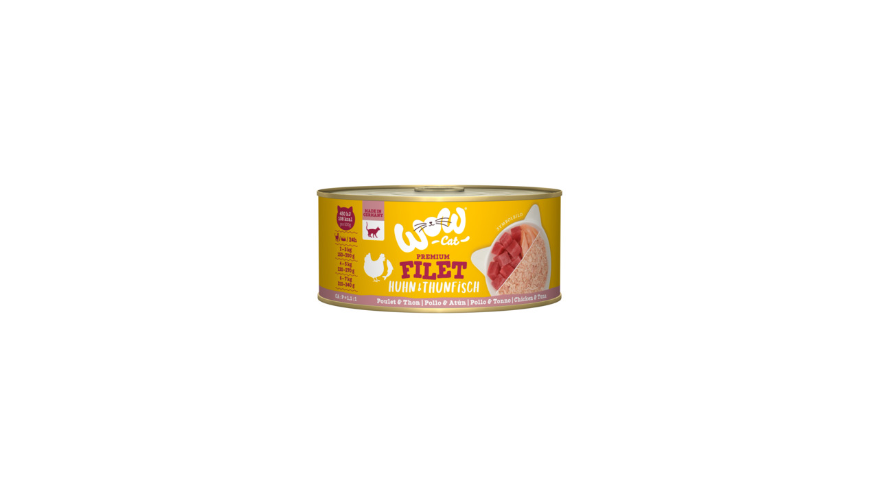 WOW CAT Premium Filet Huhn & Thunfisch, Katzenfutter, 70 g, proteinreich, hochwertig.