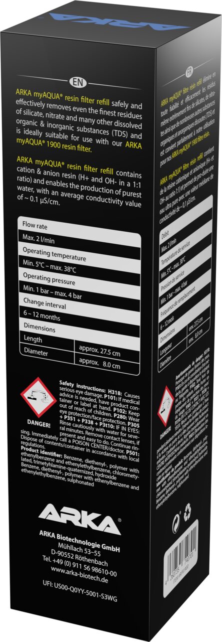 ARKA myAQUA resin filter refill Harzfilter für Osmoseanlagen, für Aquaristik, entfernt TDS, Silikat, Nitrat, max. 1 l-min
