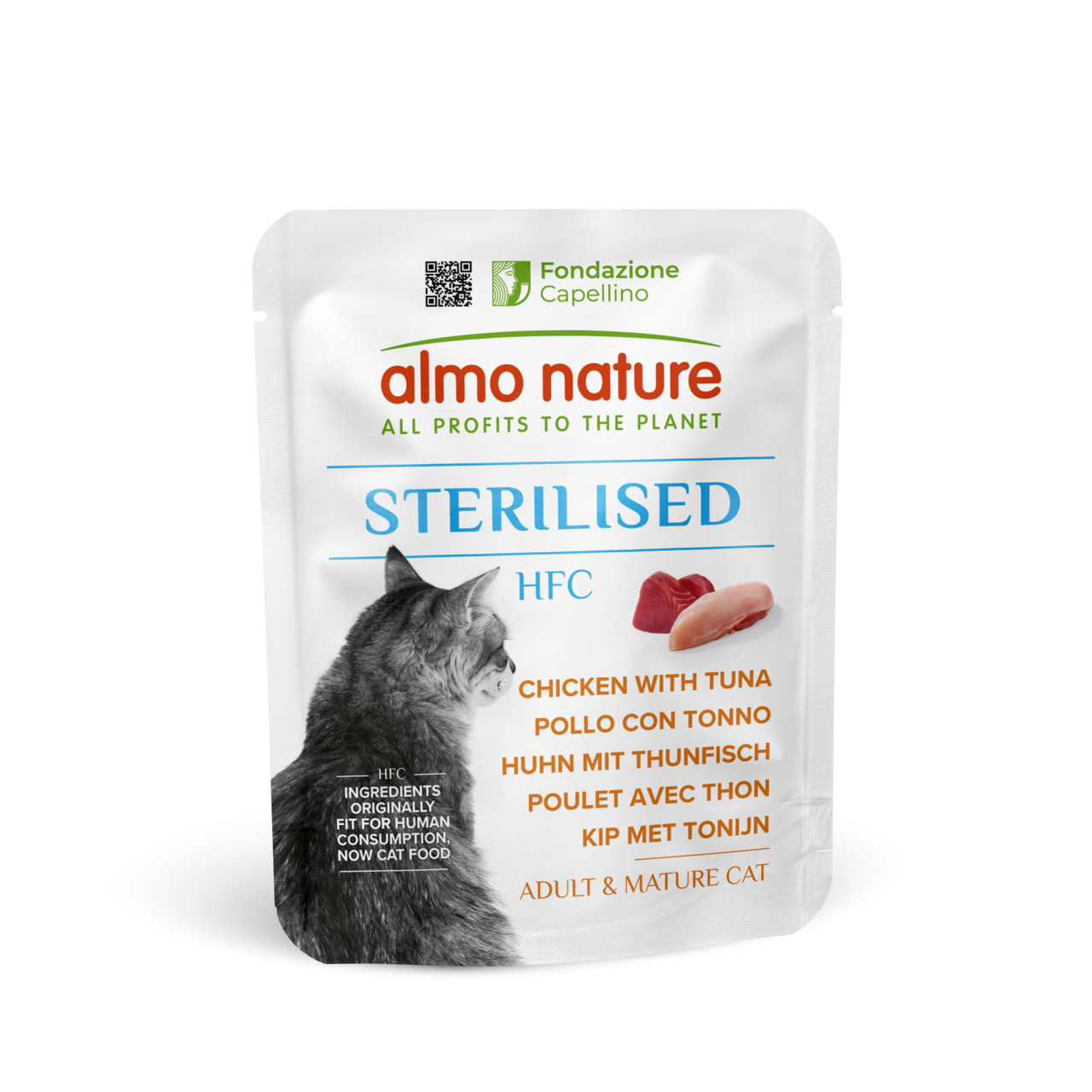 Das Bild zeigt eine Verpackung des Katzenfutters „Almo Nature HFC Sterilised“ für sterilisierte, erwachsene Katzen. Die Geschmacksrichtung ist Huhn mit Thunfisch. Die Verpackung enthält 70 g und hebt hervor, dass die Zutaten ursprünglich für den menschlic