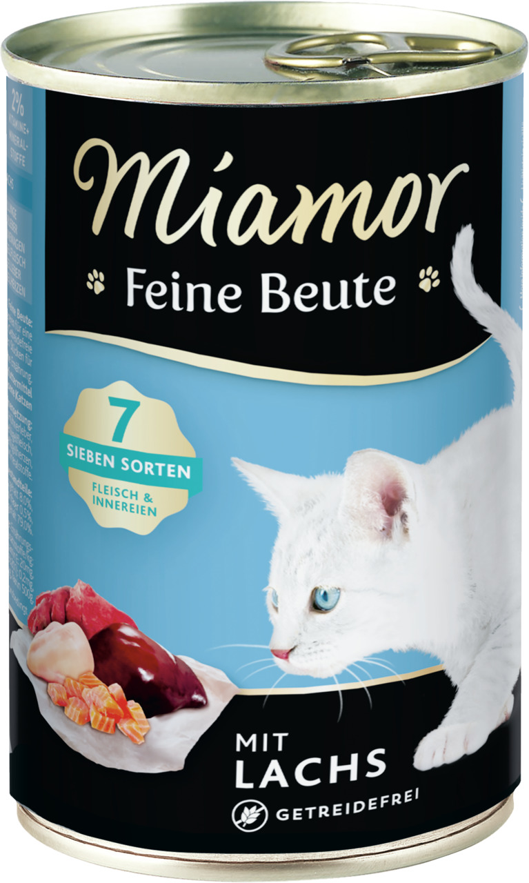 Miamor Feine Beute Katzenfutter, Lachs, 400 g, getreidefrei, 7 Sorten Fleisch & Innereien, für Katzen, ausgewogene Ernährung.