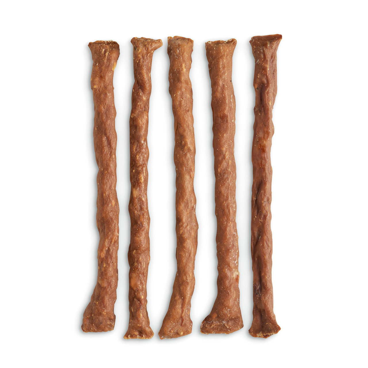 Fünf längliche, braune Kaustangen der Marke Lottis Häppchen, geeignet für Hunde. Die Stangen sind gleichmäßig geformt und scheinen aus natürlichem Fleisch zu bestehen. Ideal als Snack oder Belohnung für Hunde. Die Verpackungsmenge ist auf dem Bild nicht e