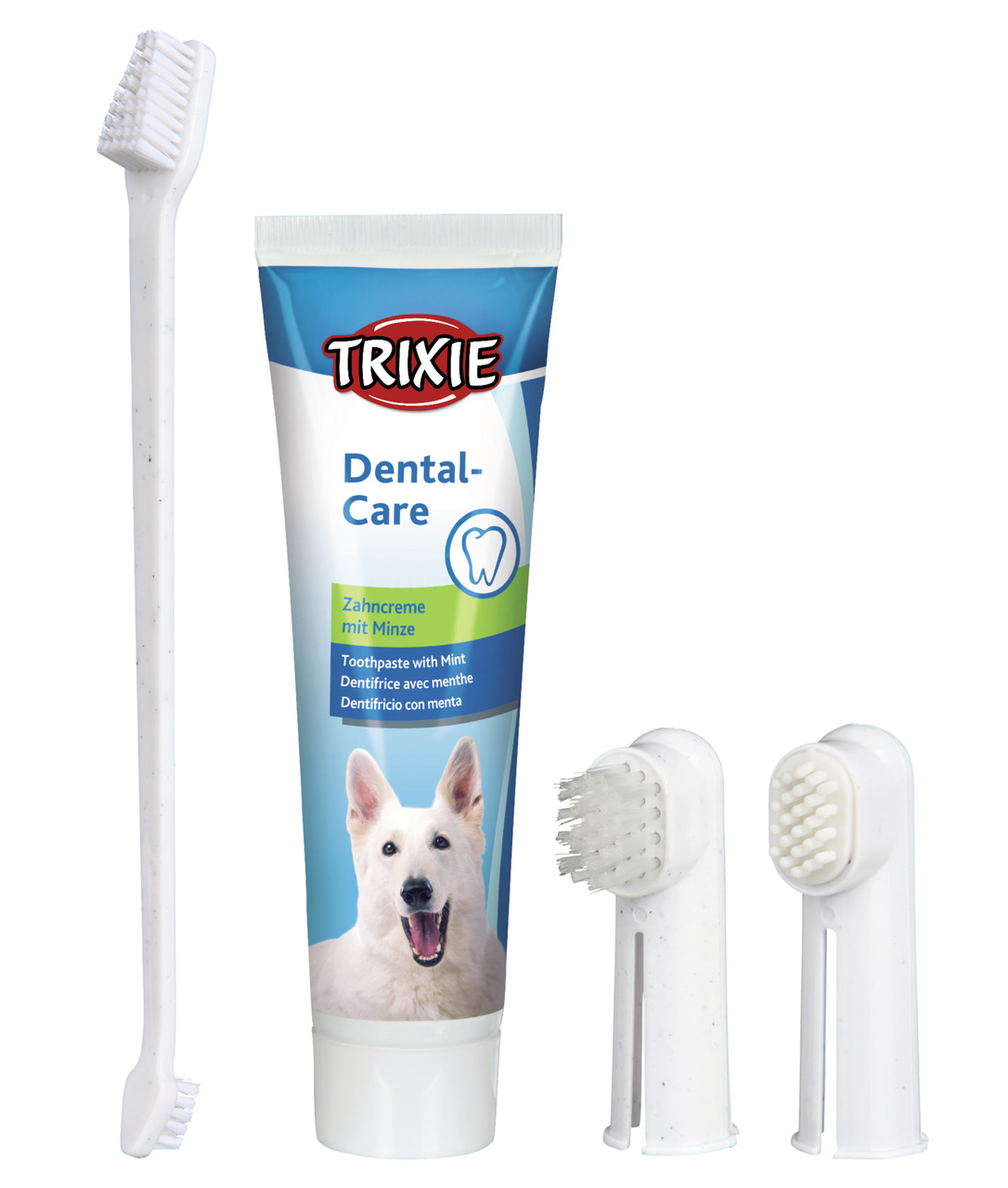 TRIXIE Dental-Care Set für Hunde: Zahnpasta (Minze, 100 g), 1 doppelseitige & 2 Fingerzahnbürsten, unterstützt Zahnhygiene.