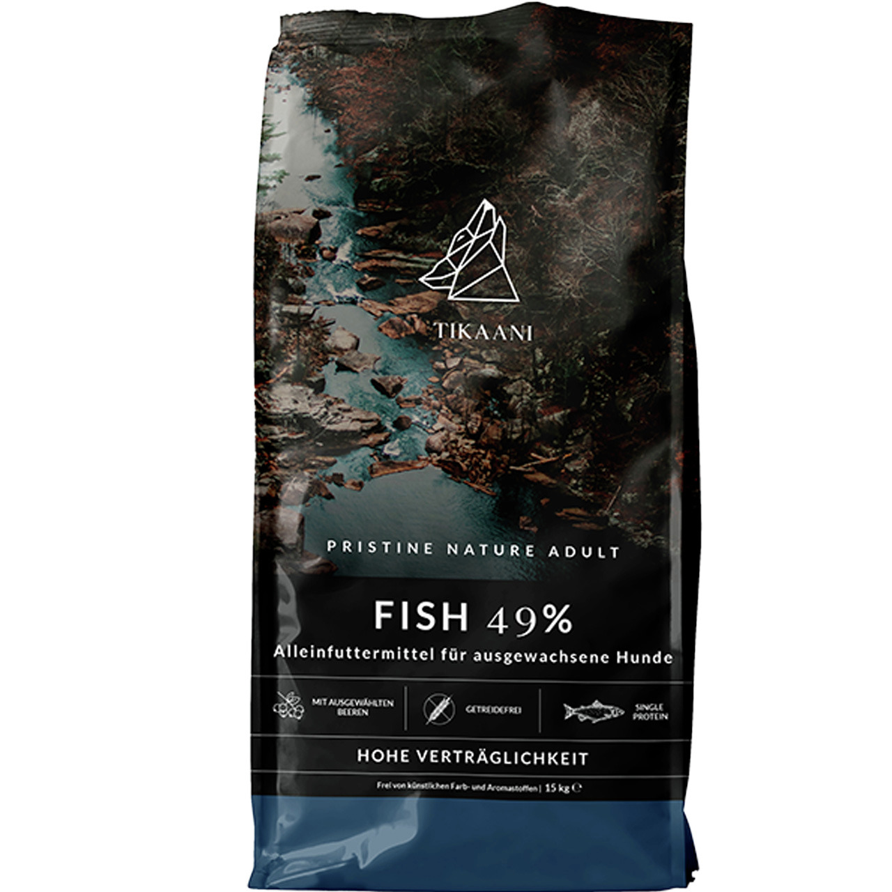 TIKAANI Pristine Nature Adult Fish 49%, Alleinfutter f. erw. Hunde, Fisch (49%), getreidefrei, m. Beeren, 15 kg, hohe Verträglichkeit.