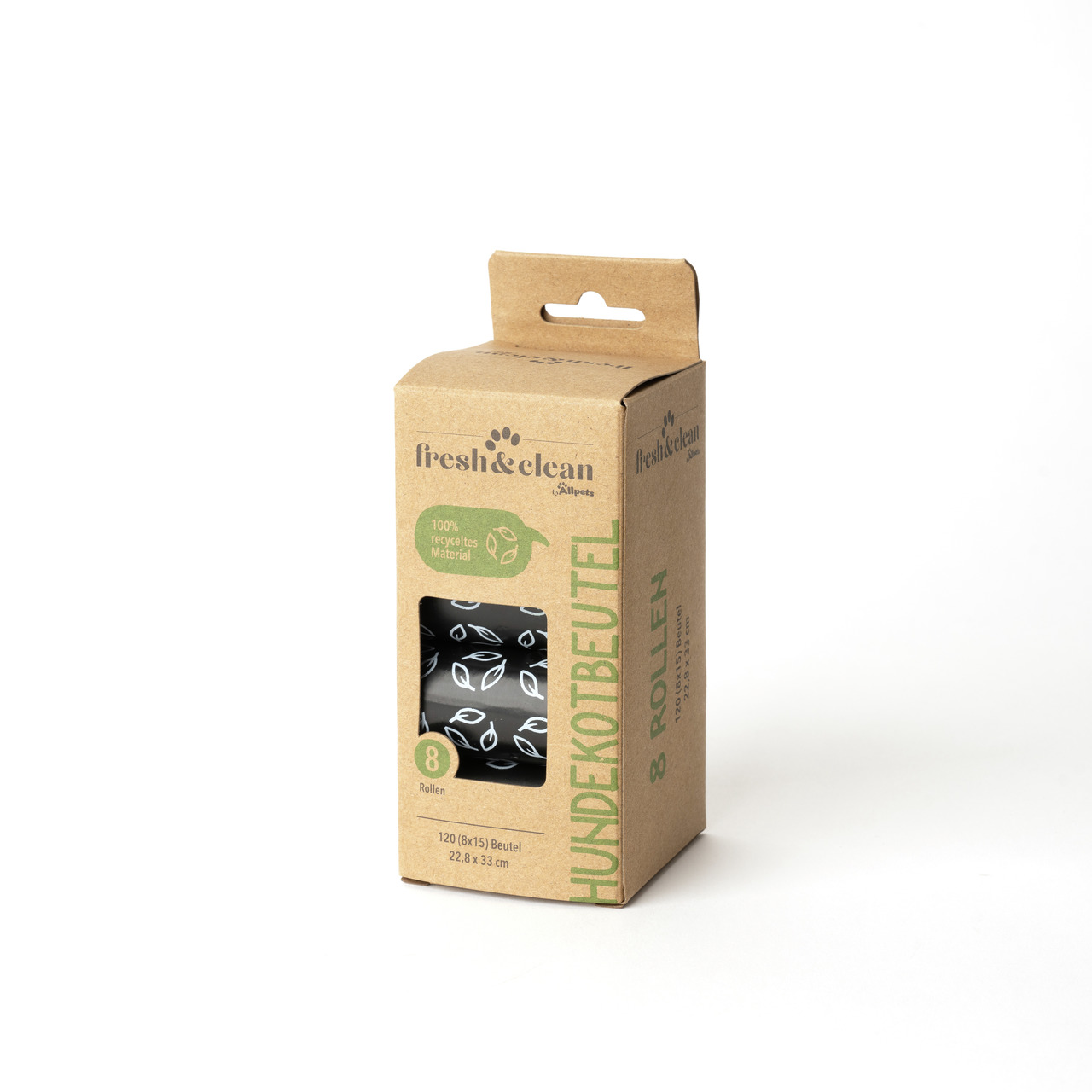 Fresh & Clean" Hundekotbeutel, 8 Rollen (120 Beutel), 22,8x33 cm, 100 % recycelt, umweltfreundl. Karton, schwarze Beutel mit Blattmuster.;https://pim.mp.group/KoelleZoo/volumes/jtl_images/666/667/103657/21144912_5.jpg;4;fresh&clean recycelte Kotbeutel 8er