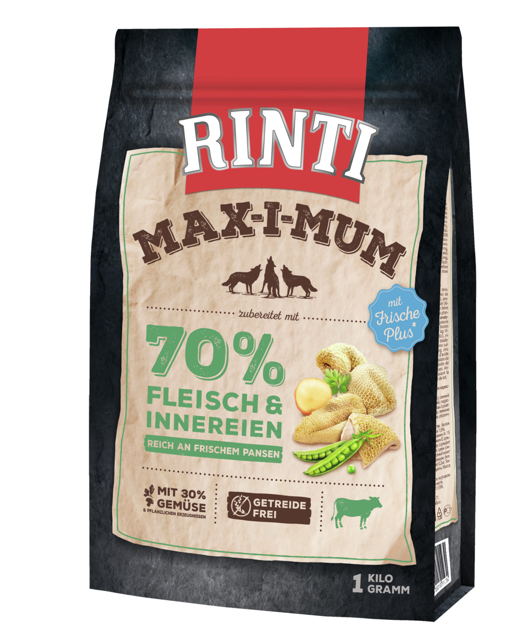 RINTI Max-i-Mum Hundefutter, Fleisch & Innereien, reich an Pansen, 70 % Fleisch, getreidefrei, 1 kg.