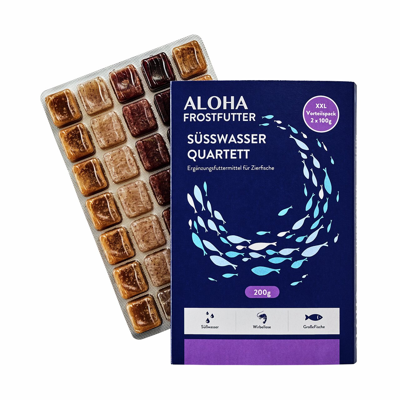 Das Bild zeigt die Verpackung des Produkts „ALOHA Frostfutter Süßwasser Quartett“, ein Ergänzungsfuttermittel für Zierfische. Es handelt sich um ein XXL-Vorteilspack mit 2 x 100 g, insgesamt 200 g. Zielgruppe sind Süßwasserfische, Wirbellose und große Fis