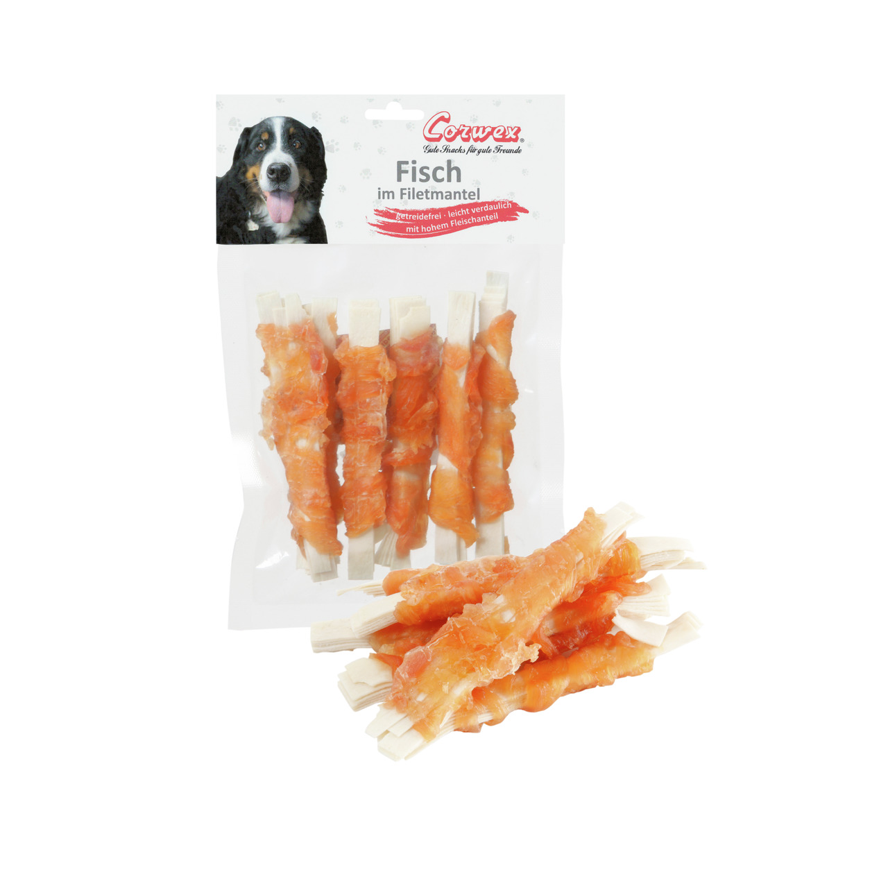 Corwex Fisch im Filetmantel für Hunde: Fischfilet um Kaustäbchen, getreidefrei, leicht verdaulich, mehrere Stücke sichtbar.