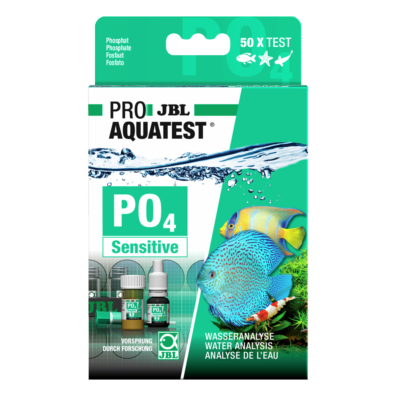 Das Bild zeigt das Produkt "JBL ProAquaTest PO4 Sensitive", ein Wassertest-Set zur Phosphatanalyse in Aquarien und Teichen. Zielgruppe sind Aquarien- und Teichbesitzer. Die Verpackung enthält 50 Tests und zeigt bunte Fische sowie Pflanzen. Slogan: "Vorspr