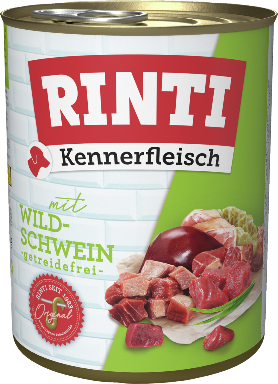 RINTI Kennerfleisch Wildschwein, getreidefrei, für Hunde, saftige Fleischstücke & Innereien, 400 g.