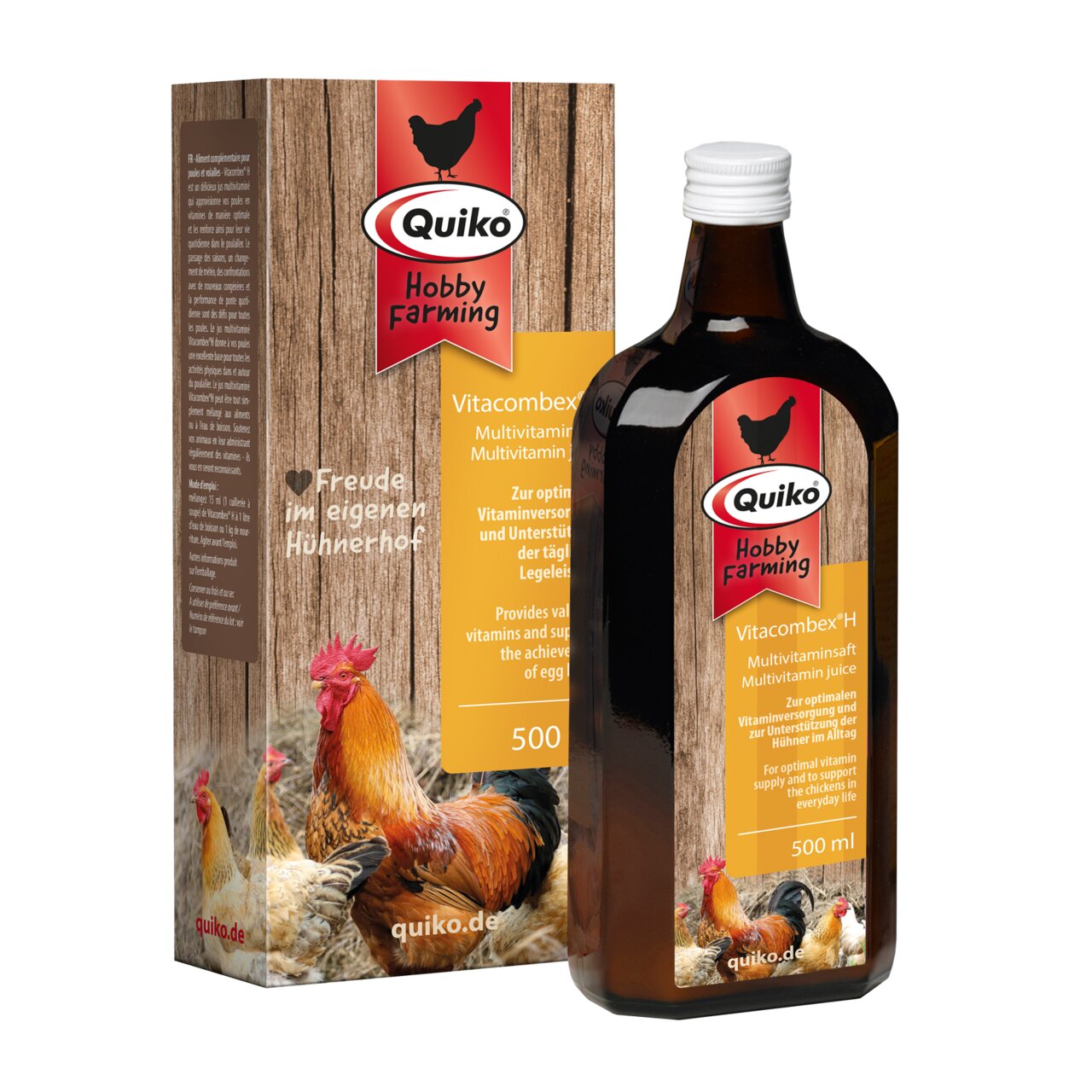 Das Bild zeigt das Produkt „Quiko Hobby Farming Vitacombex H“, ein Multivitaminsaft für Hühner. Es richtet sich an Hobby-Geflügelhalter und dient der optimalen Vitaminversorgung sowie der Unterstützung der täglichen Legeleistung. Die Verpackung und die Fl