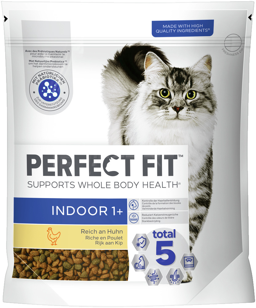 Perfect Fit Indoor 1+, für erw. Hauskatzen, Geschm.: Huhn, mit „Total 5“-Formel für Gesundheit. Menge nicht erkennbar.