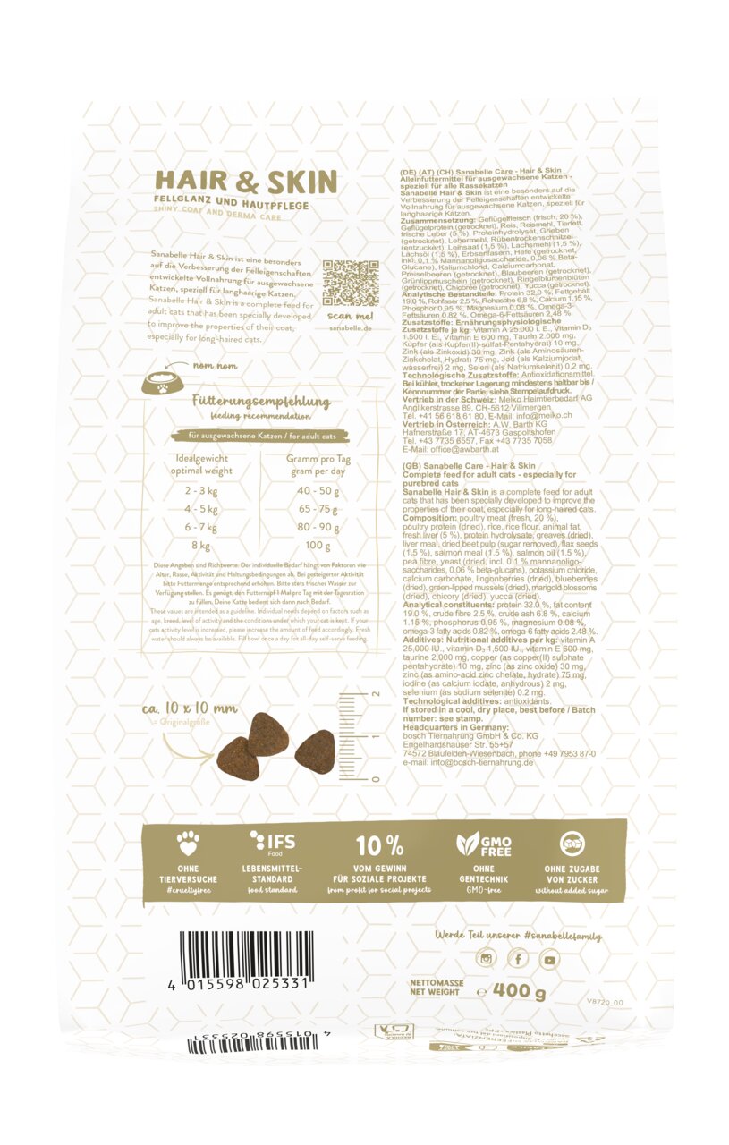 Sanabelle Hair & Skin, Trockenfutter für Katzen, 400 g, unterstützt Fell & Haut, ohne Tierversuche, Gentechnik & Zuckerzusatz.