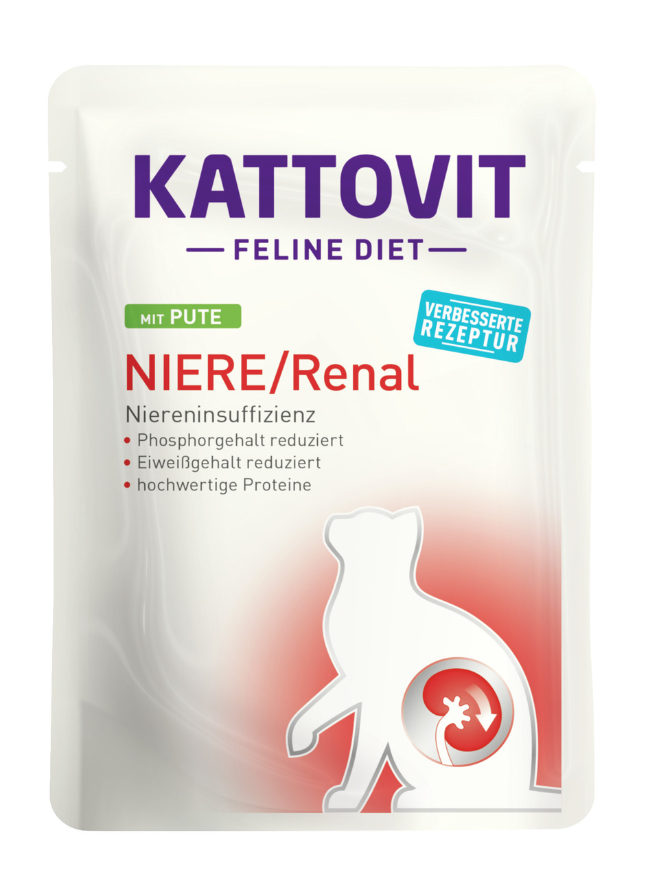 Kattovit Feline Diet Niere-Renal, Pute, für Katzen mit Niereninsuffizienz, phosphor--eiweißreduziert, 85g, „Verbesserte Rezeptur“.