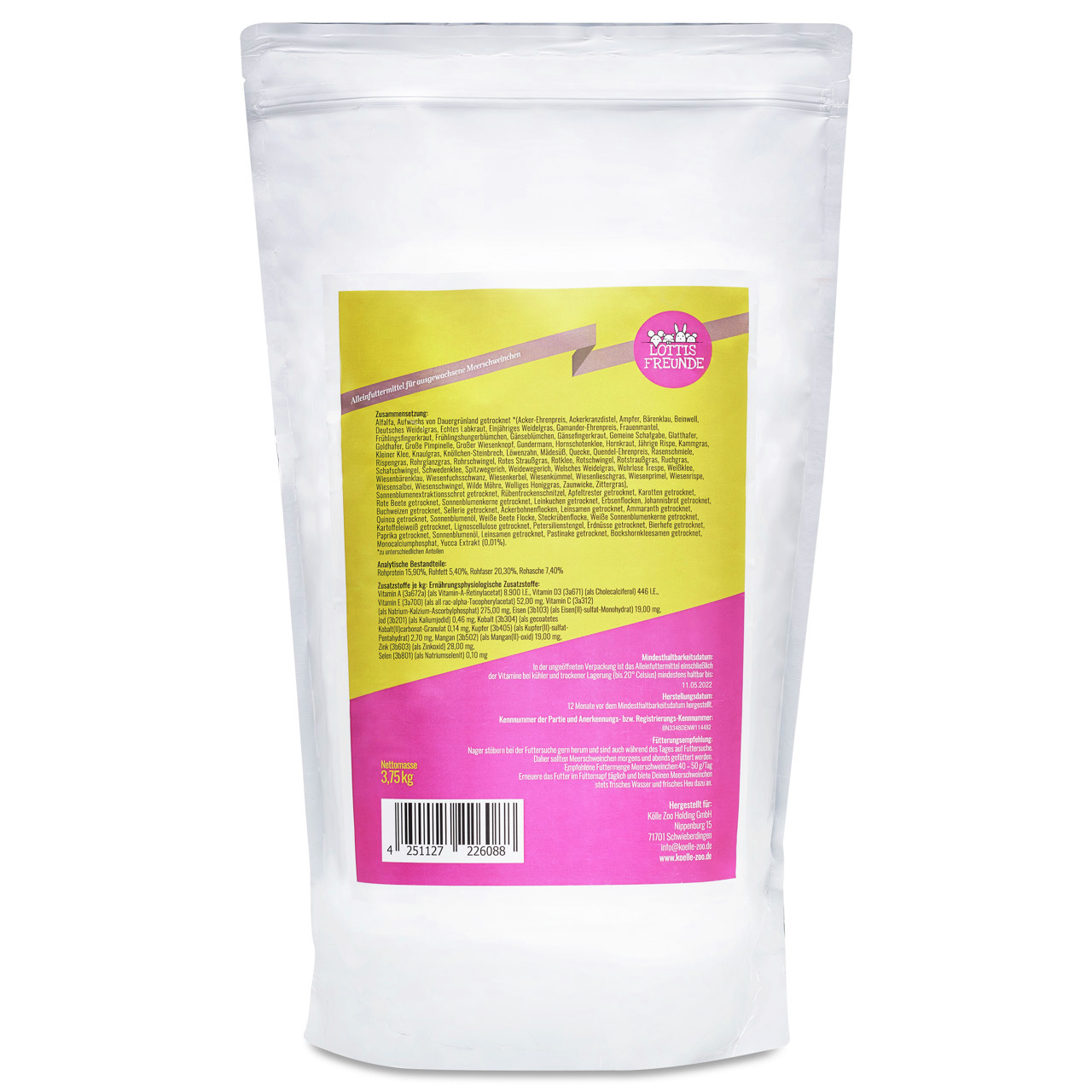 Lottis Freunde Hundefutter, 3,5 kg, weiße Verpackung, Inhaltsstoffe & Nährwerte abgebildet, Geschmacksrichtung nicht erkennbar.