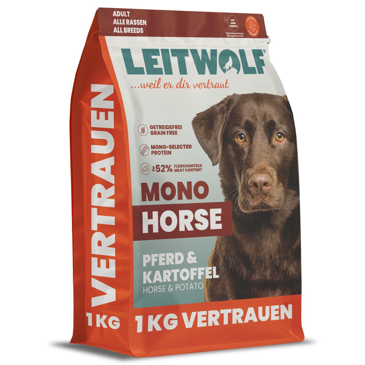 LEITWOLF Mono Horse Hundetrockenfutter für adulte Hunde aller Rassen, Pferd mit Kartoffel, getreidefrei, 1 kg.