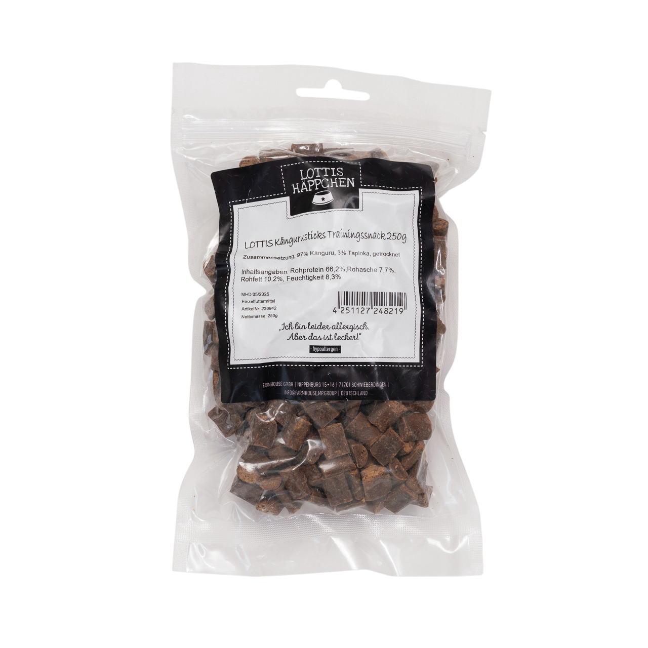 LOTTIS HÄPPCHEN: Lottis knuspriges Trainingssnack, 250 g, hypoallergen, für Hunde, 97 % Känguru, 3 % Tapioka.