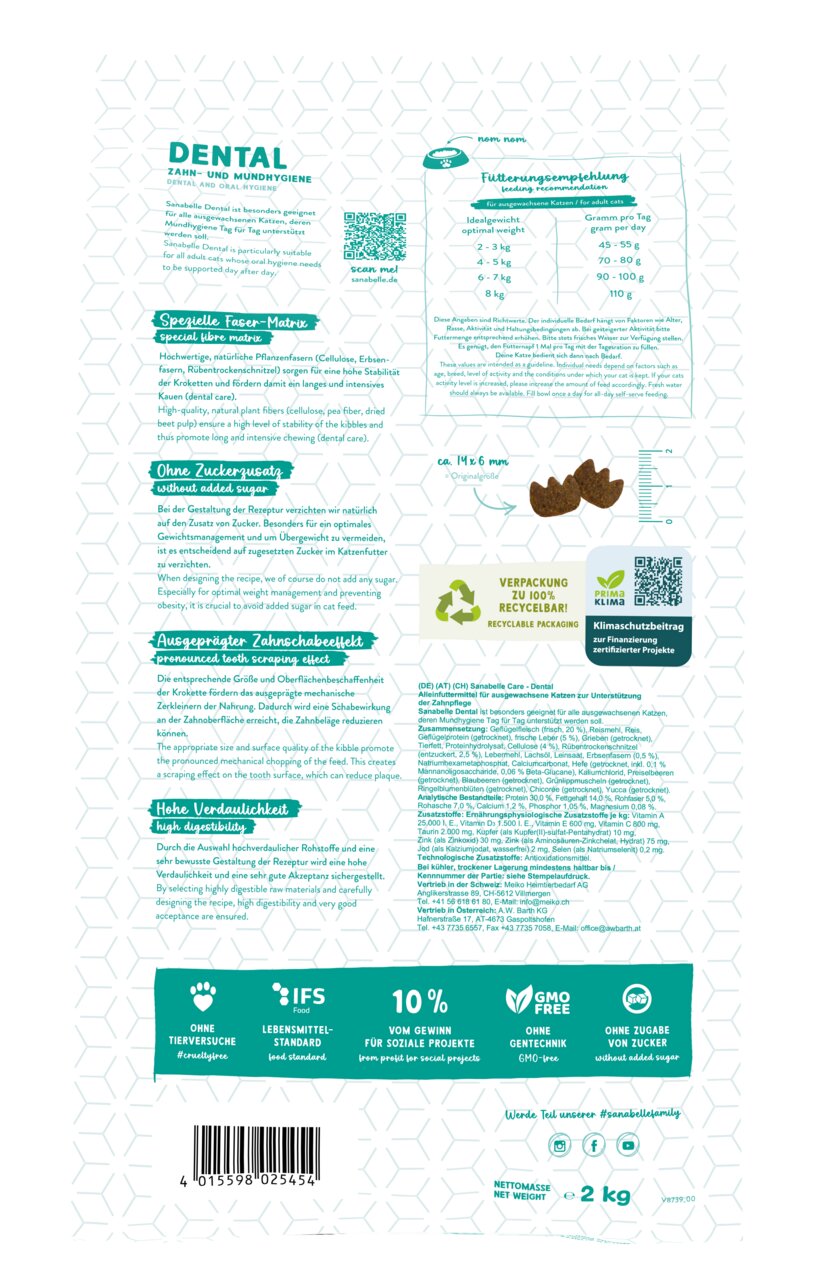 Sanabelle Dental, Trockenfutter f. ausgew. Katzen, 2 kg, zahn- & mundhygienefördernd, ohne Zucker, recyclebar, klimafreundlich.