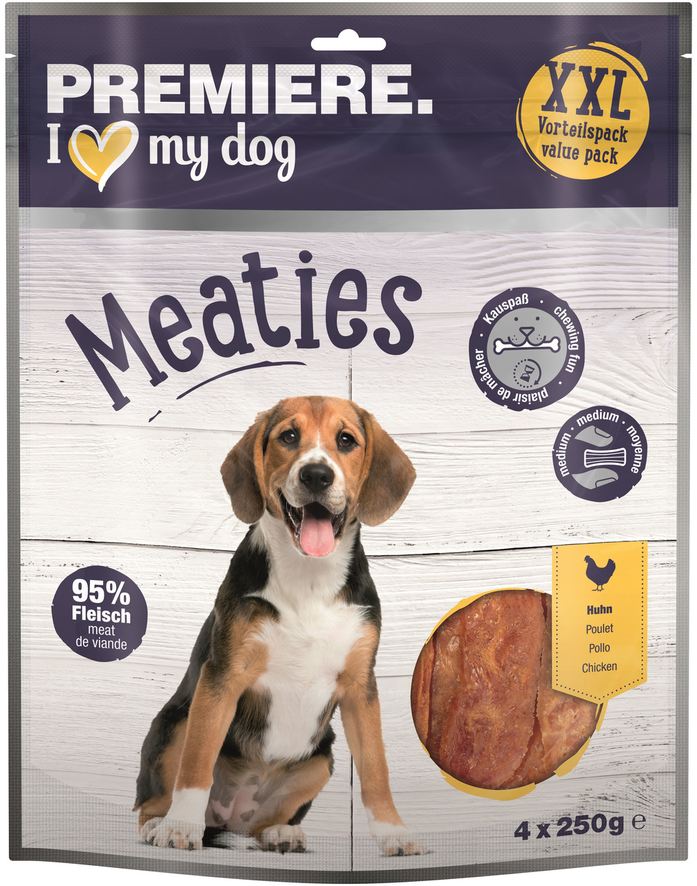 PREMIERE Meaties für Hunde, XXL-Vorteilspack 4x250g, 95% Hühnerfleisch, Kauspaß, lila Verpackung mit Hund & Sichtfenster.