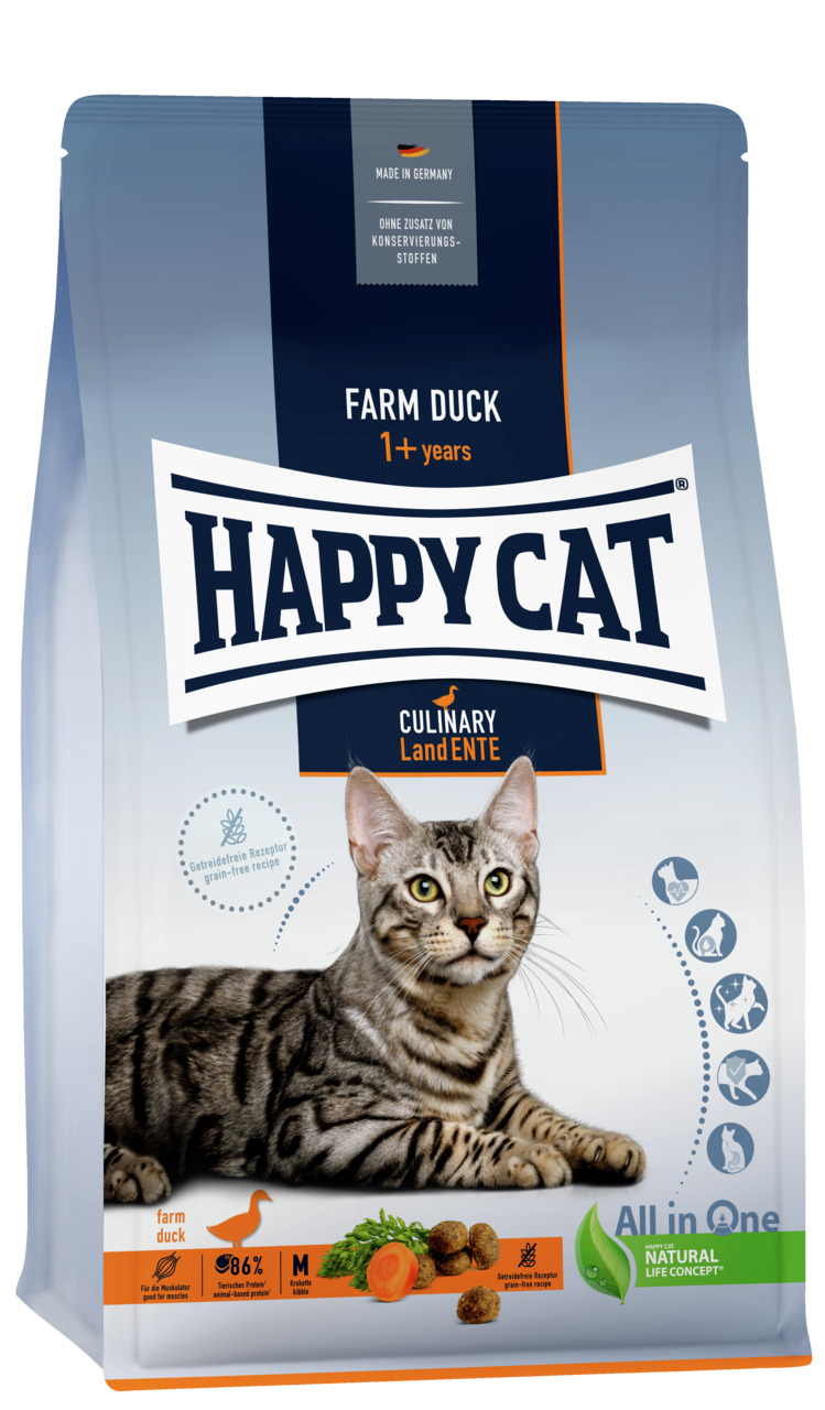 Sparpaket HAPPY CAT Supreme Culinary Land-Ente 2 x 4 Kilogramm Katzentrockenfutter