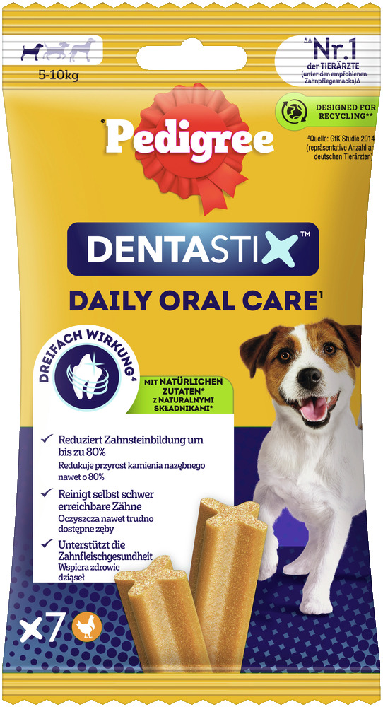 Pedigree Dentastix Daily Oral Care, Hunde 5-10 kg, Huhn, 7 Stk., reduziert Zahnstein um 80 %, reinigt Zähne, unterstützt Zahnfleisch.