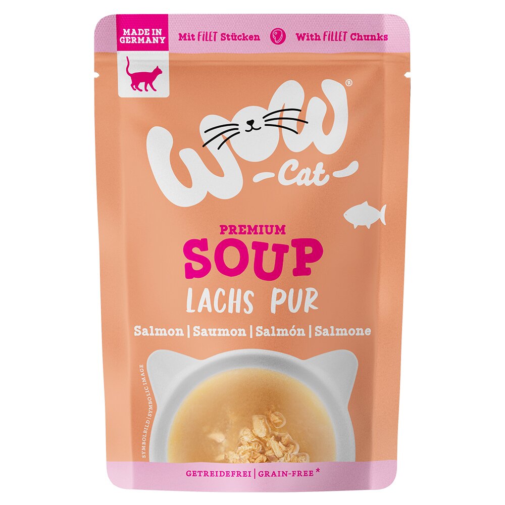 WOW CAT Premium Soup Lachs Pur für Katzen, getreidefreie Katzensuppe mit Filetstücken, Geschmack Lachs, Made in Germany.