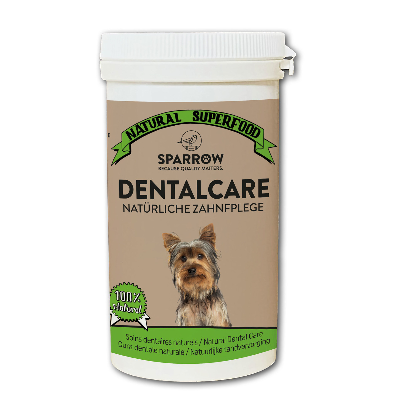 SPARROW Dentalcare Natürliche Zahnpflege für Hunde, 100 % natürlich, beige Verpackung mit grünem Banner "Natural Superfood".