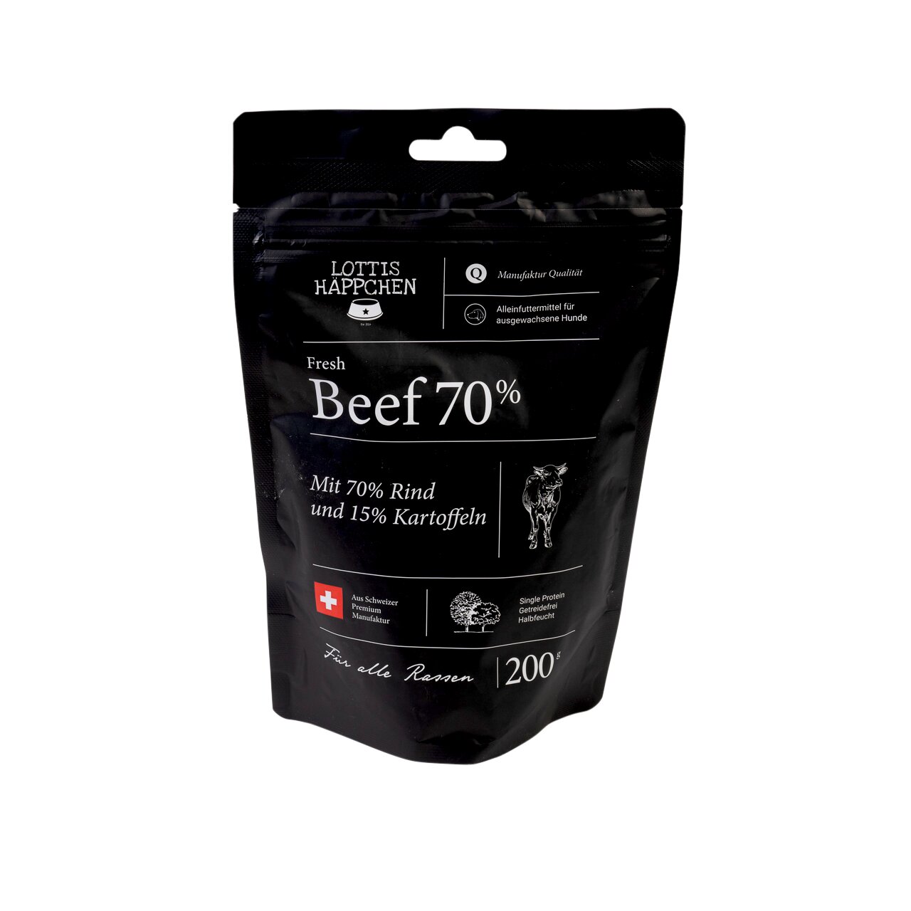 Lottis Häppchen Fresh Beef 70%: Alleinfutter f. erw. Hunde, 70% Rind, 15% Kartoffeln, Schweizer Premium-Qualität, 200 g.