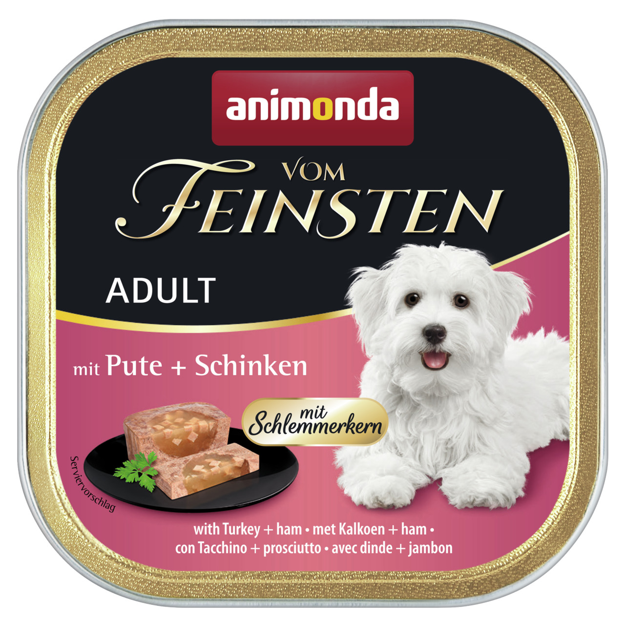 Animonda Vom Feinsten Adult, Hundefutter für ausgewachsene Hunde, Pute & Schinken mit Schlemmerkern, 150 g.