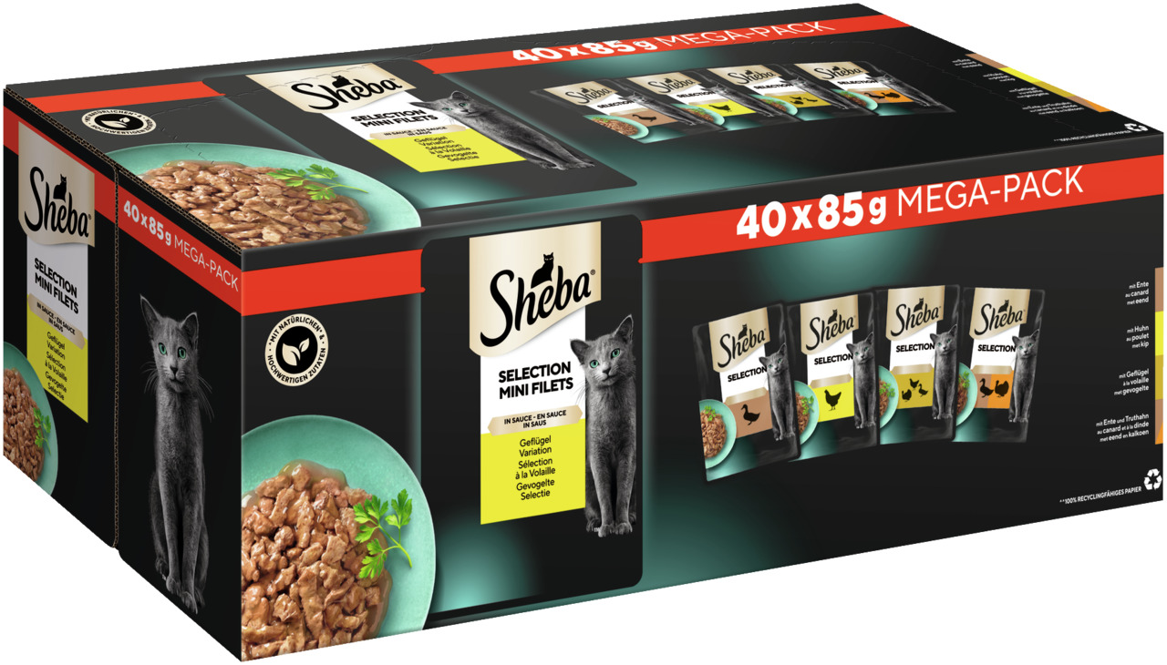 Sheba Selection in Sauce Mini Filets, Katzenfutter, Geflügelvariationen, 40x85g, ausgewogene Ernährung, Mega-Pack.
