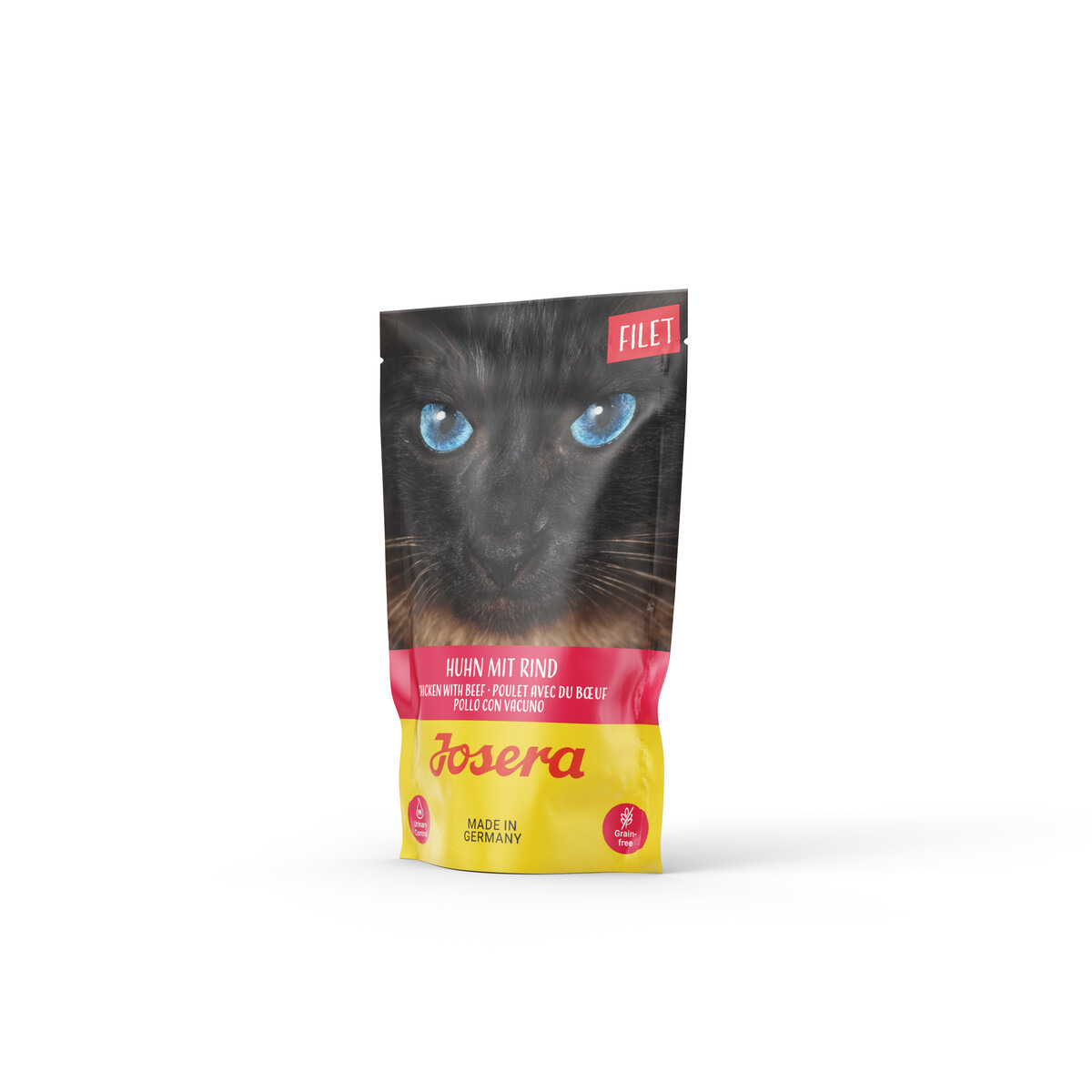 Josera Filet Huhn mit Rind, Katzenfutter, Huhn & Rind, getreidefrei, Made in Germany, gelb-rote Verpackung, schwarze Katze, blaue Augen.