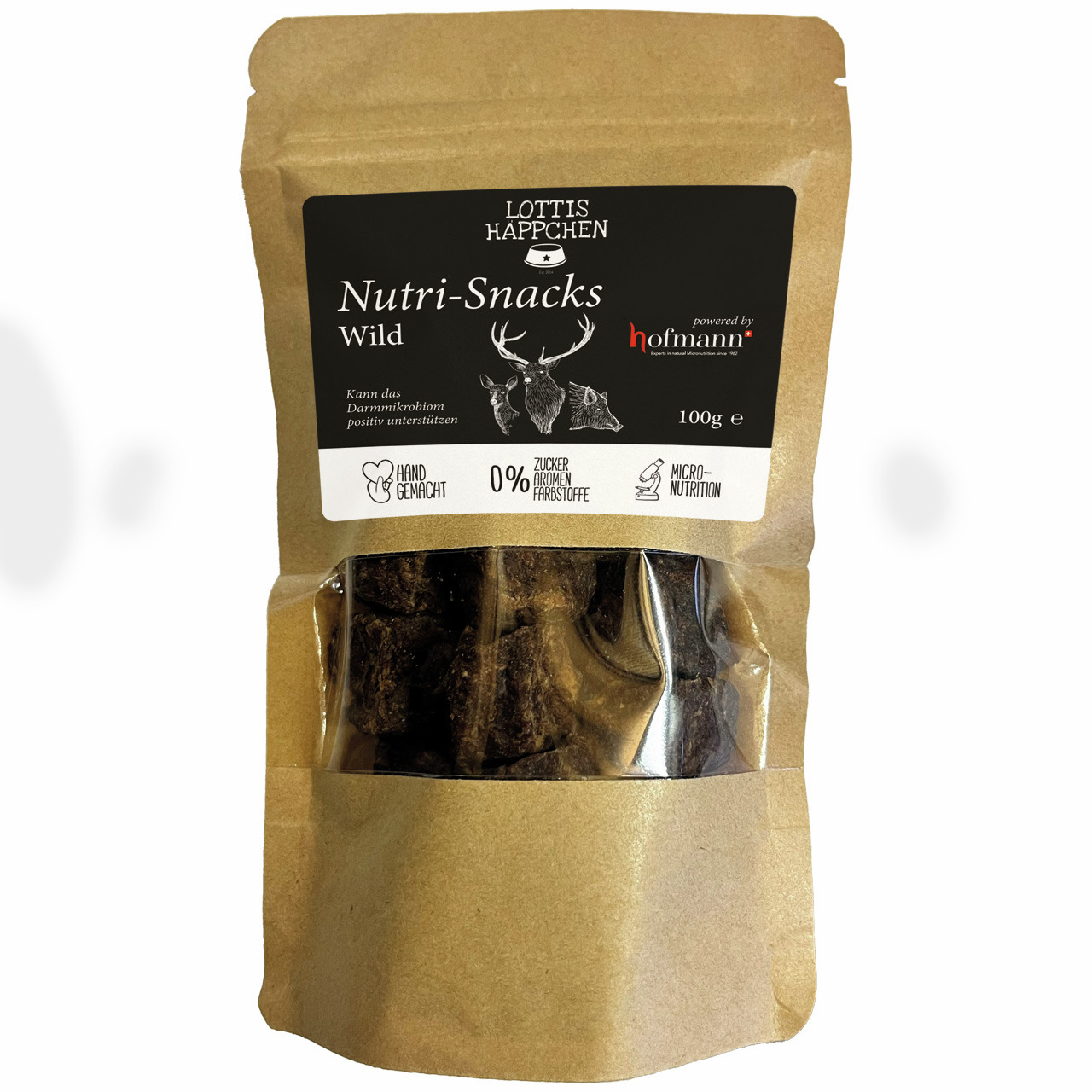 LOTTIS HÄPPCHEN Nutri-Snacks Wild, Premium-Hundeleckerli, Wildfleisch, 100 g, ohne Zucker/Aromen/Farbstoffe, handgemacht, darmfreundlich.