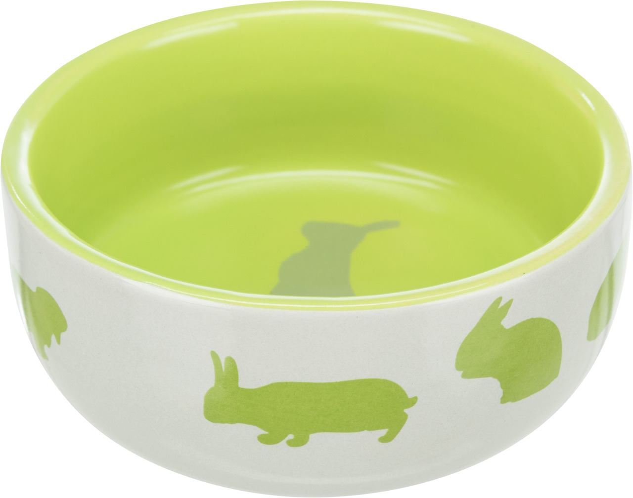 TRIXIE Keramiknapf für Kaninchen, 250 ml, robust, leicht zu reinigen, weiß mit grünen Kaninchenmotiven, ideal für Futter-Wasser.