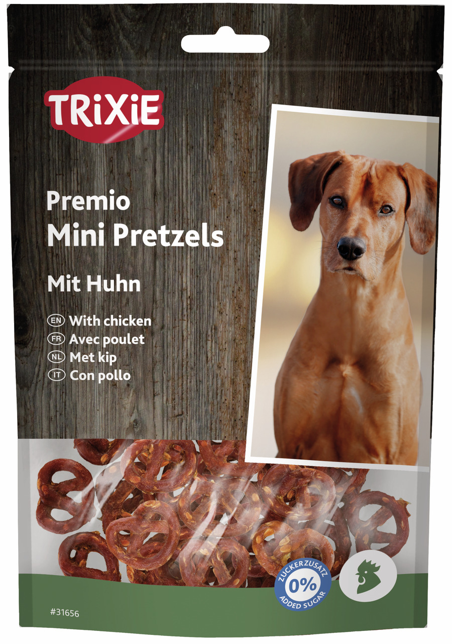 TRIXIE Premio Mini Pretzels mit Huhn, Hundesnack f. ausgewachsene Hunde, zuckerfrei, Geschm.: Huhn, Brezeln, Hundemotiv.