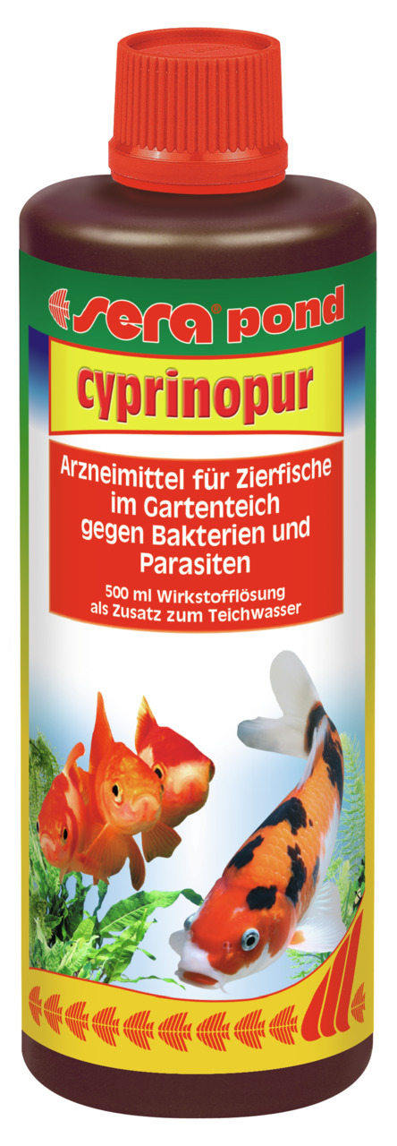 sera pond Cyprinopur, Arzneimittel f. Zierfische in Gartenteichen, gg. Bakterien-Parasiten, 500 ml, Zusatz f. Teichwasser.