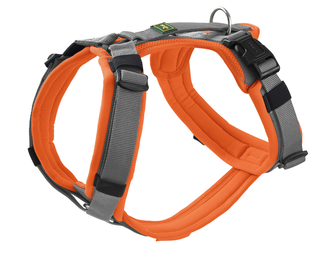 HUNTER Geschirr "Divo" für Hunde, Orange-Grau, ergonomisch, gepolstert, verstellbar, Metallring, Klickverschluss, ideal für Aktive.