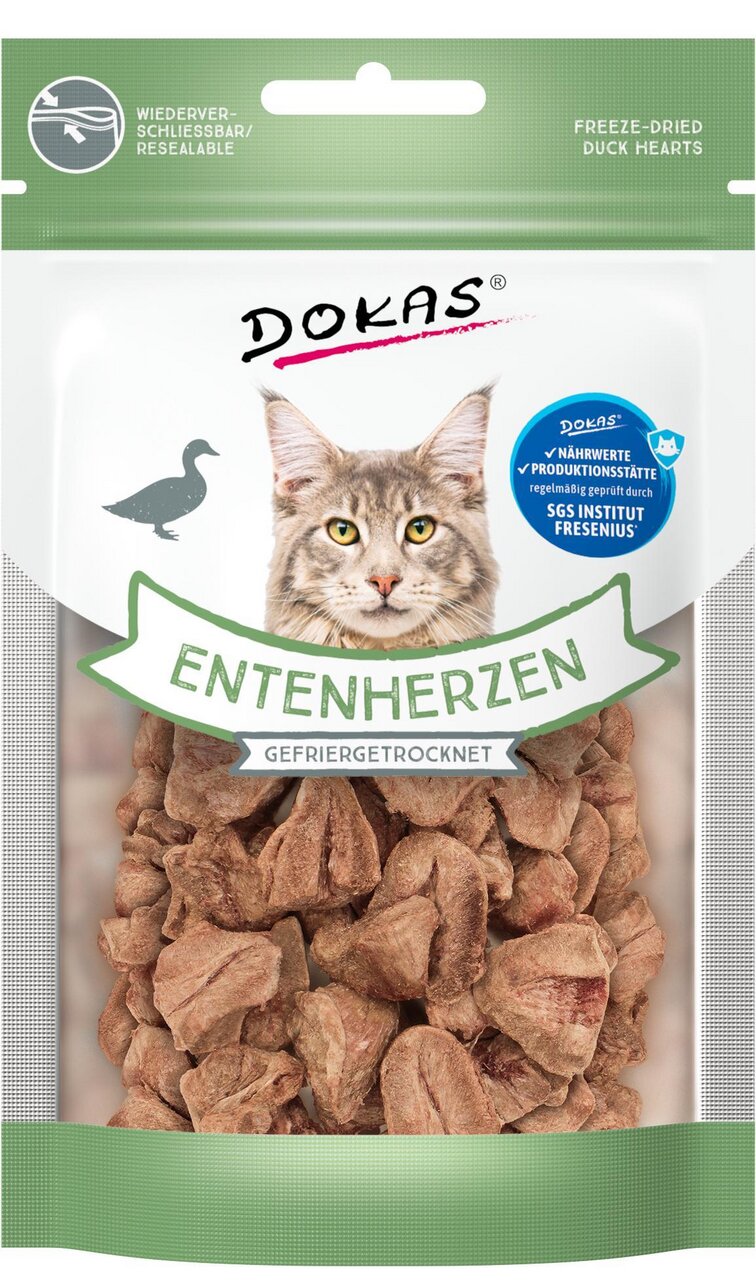 Gefriergetrocknete Entenherzen von Dokas für Katzen, 70 g, wiederverschließbar, mit hochwertigen Nährstoffen, geprüft durch SGS.