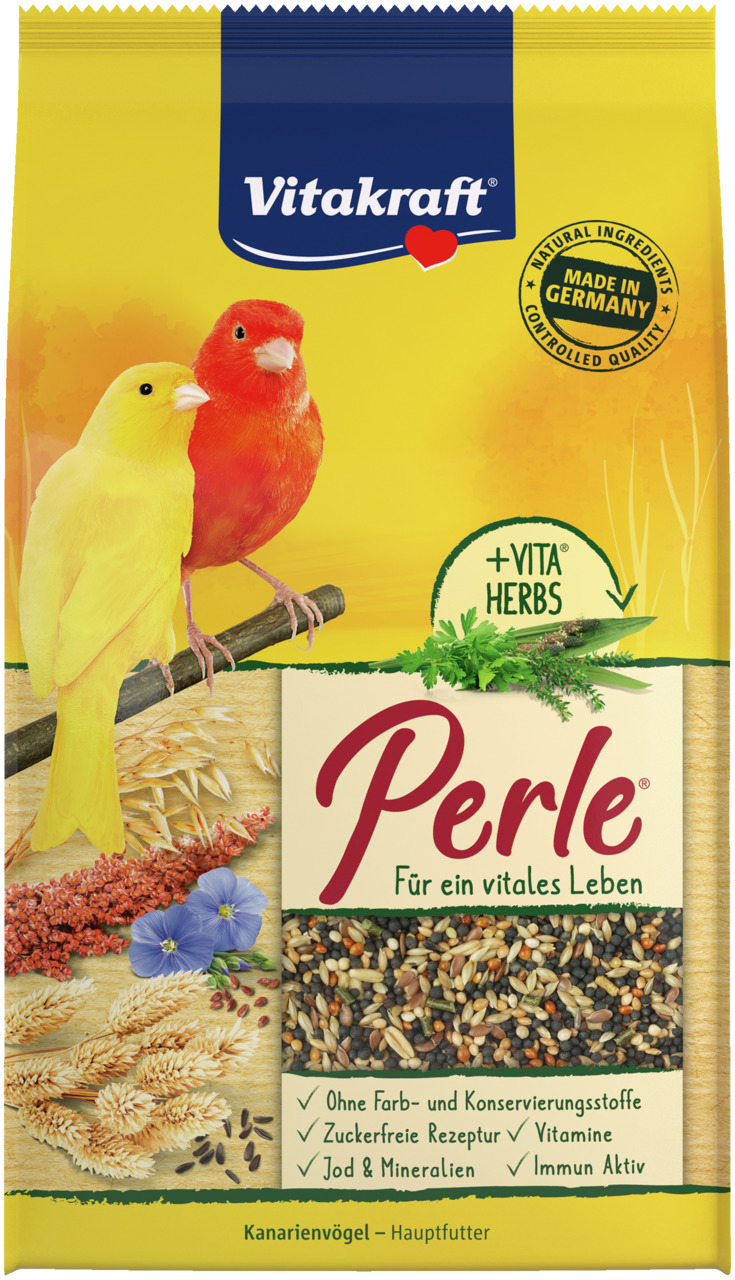 Vitakraft Perle Hauptfutter f. Kanarienvögel, +Vita Herbs, vitales Leben, Immunsystem, nat. Zutaten, ohne Farb--Konservierungsstoffe.