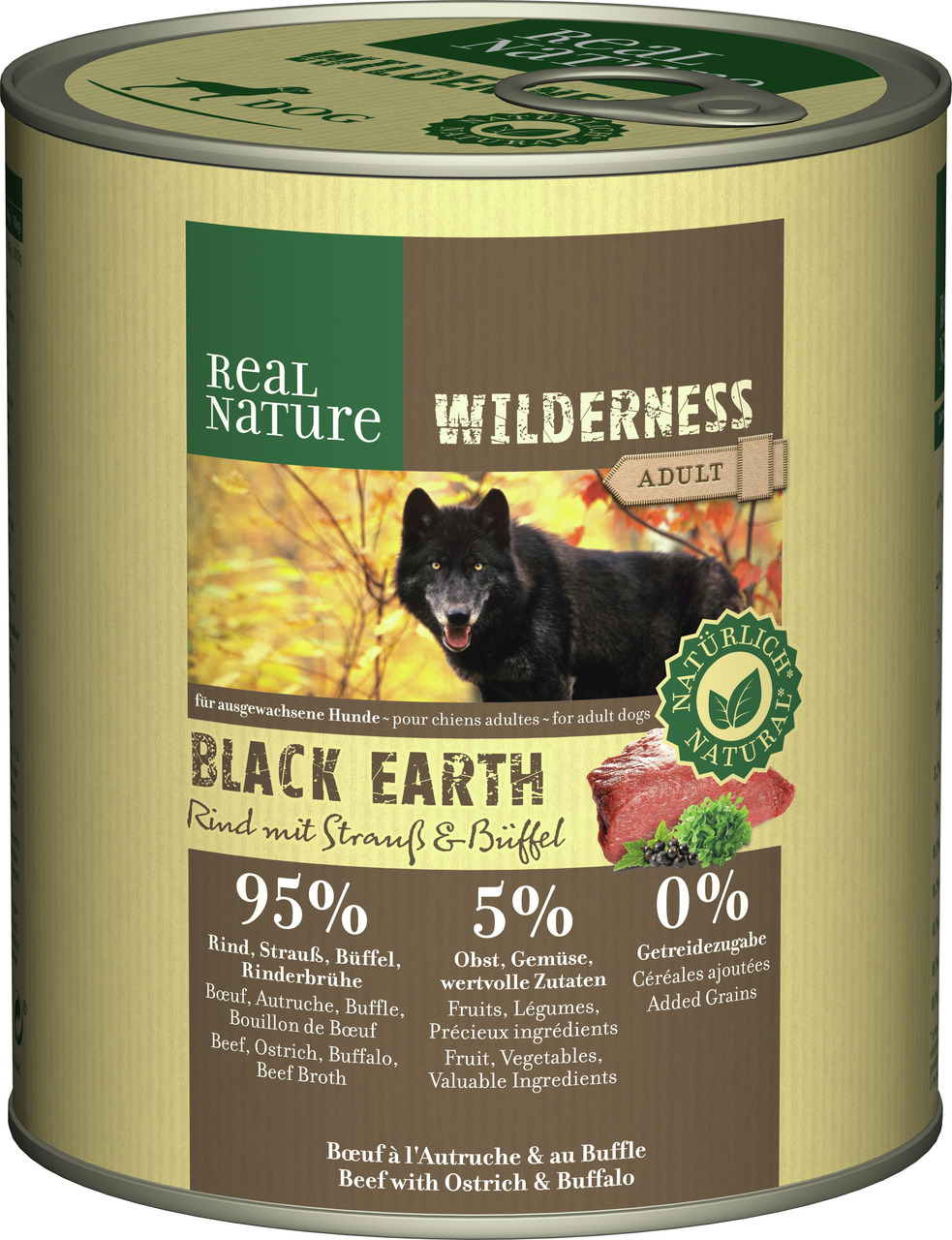 Real Nature Wilderness Black Earth, Hundefutter für ausgewachsene Hunde, Rind-Strauß-Büffel, 800g, 95% Fleisch, ohne Getreide.