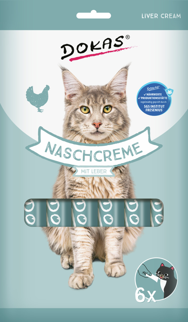 DOKAS Naschcreme mit Leber für Katzen: cremige Leckerei, Lebergeschmack, 6x15g, geprüfte Nährwerte.