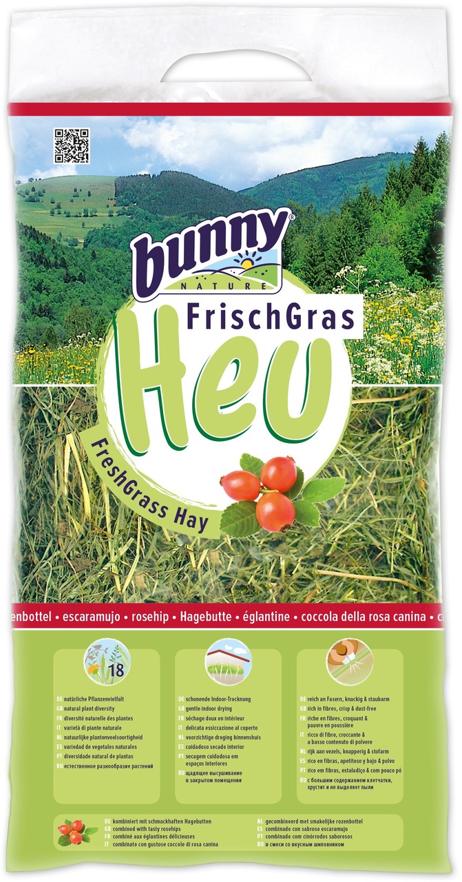 Bunny Nature FrischGras Heu m. Hagebutte, 500 g, für Kaninchen/Meerschweinchen, nat. Pflanzenvielfalt, schonend getrocknet.