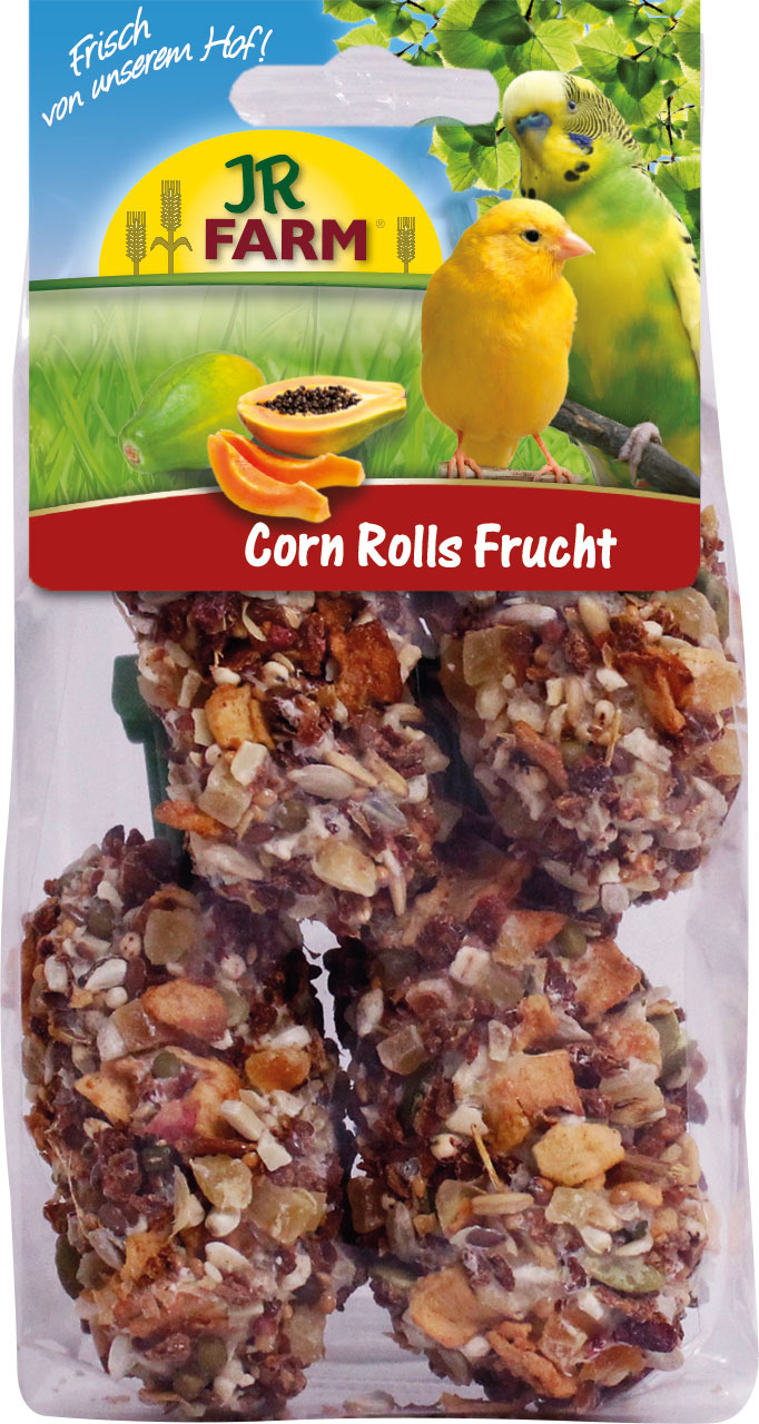 JR FARM Corn Rolls Frucht, Ergänzungsfutter für Ziervögel (Wellensittiche, Kanarienvögel), fruchtig, "Frisch von unserem Hof", 125 g.
