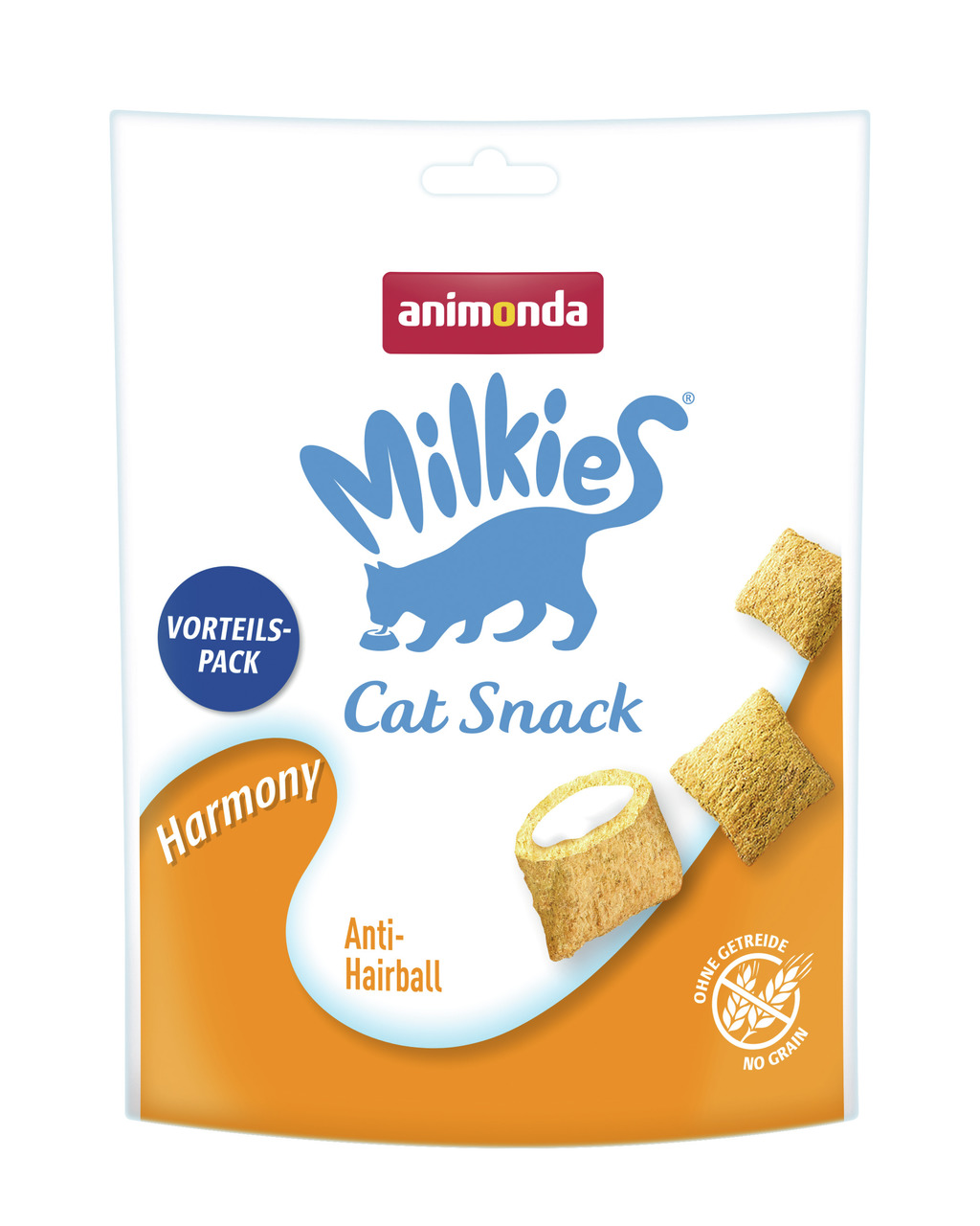 Das Bild zeigt eine Verpackung des Produkts „animonda Milkies Cat Snack Harmony“ für Katzen. Es handelt sich um einen getreidefreien Snack mit Anti-Hairball-Wirkung, speziell für erwachsene Katzen. Die Geschmacksrichtung ist nicht näher angegeben. Die Ver