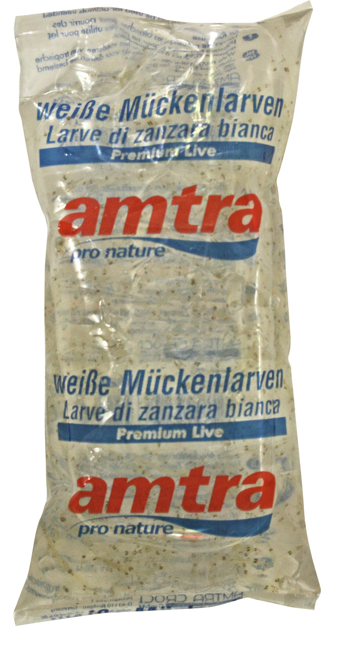 Amtra Weiße Mückenlarven – Premium Live, lebend, für Aquarienfische, Fischfutter, in klarer Flüssigkeit mit sichtbaren Larven.