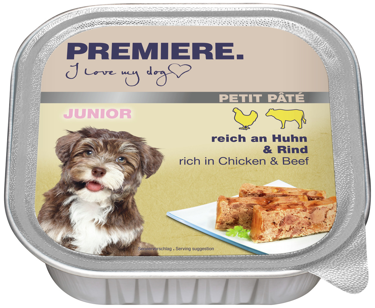 Das Bild zeigt eine silberne Schale mit Nassfutter der Marke PREMIERE, Produktname "Petit Pâté Junior". Es ist speziell für junge Hunde geeignet und enthält die Geschmacksrichtungen Huhn und Rind. Auf der Verpackung ist ein kleiner Hund abgebildet, danebe